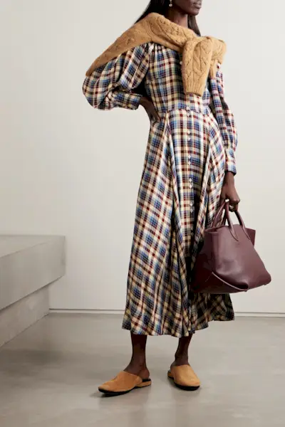 Dôen + Harlow Checked Woven Midi Shirt Dress