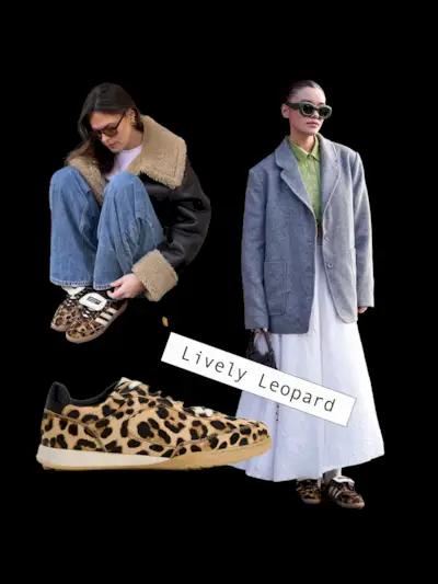 A collage of women wearing leopard-print shoes.