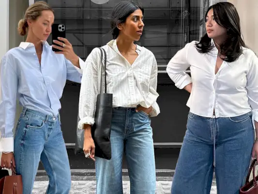 fashion collage with three stylish women wearing outfits with button-down shirts and jeans