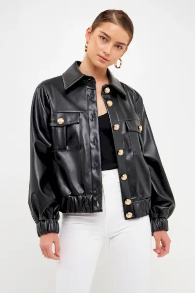 Faux Leather Jacket With Gold Buttons