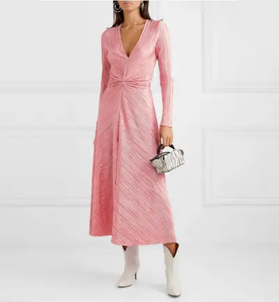 Rotate Birger Christensen + Gathered Plisse Satin-Jersey Midi Dress