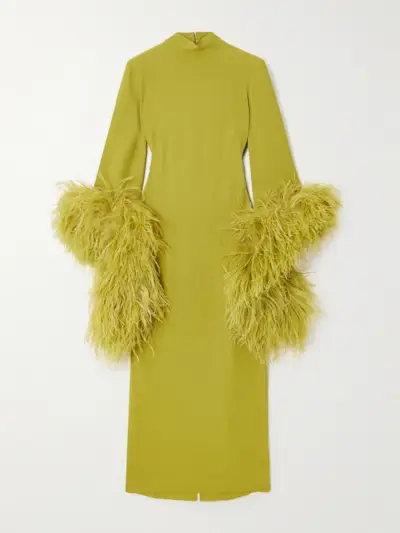 Del Rio Turtleneck Feather-Trimmed Crepe Maxi Dress