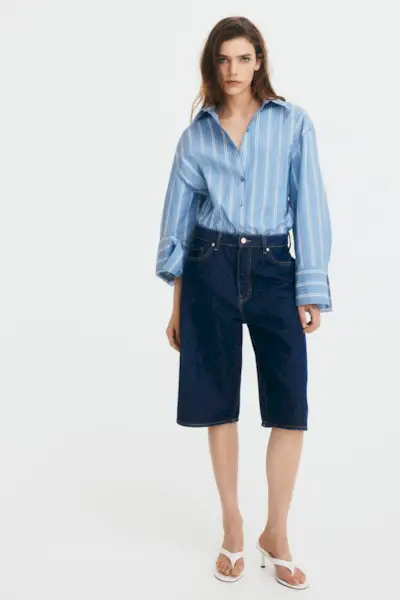 High-Waist Knee-Length Denim Shorts