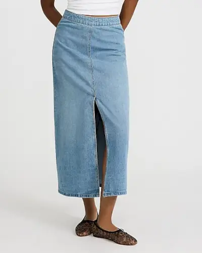 express, High Waisted Light Wash Front Slit Maxi Denim Skirt