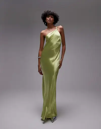 Topshop Asymmetric One Shoulder Open Back Midi Occasion Dress in Lime Satin