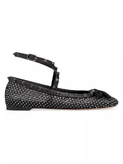 Rockstud Mesh Ballerina Flats With Crystals