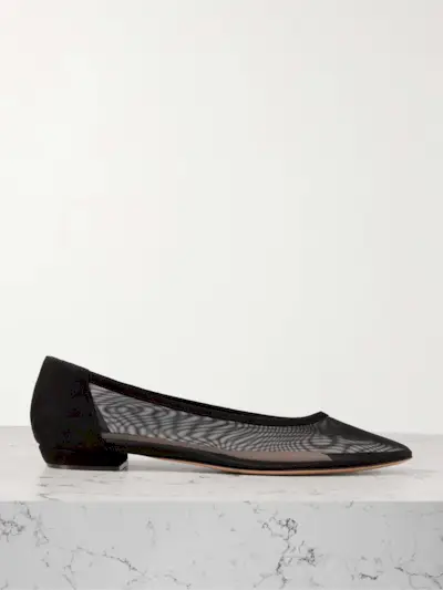 Suede-Trimmed Mesh Point-Toe Flats