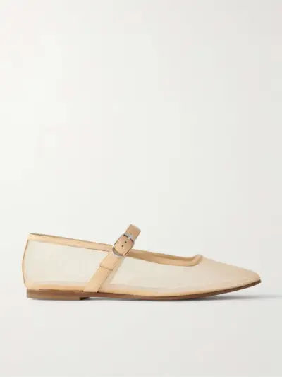 Leather-Trimmed Mesh Mary Jane Ballet Flats