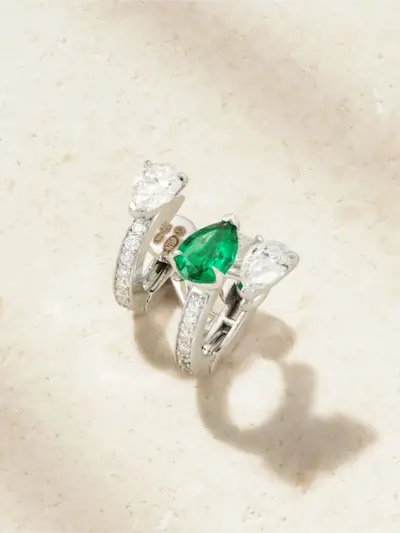 Serti Sur Vide 18-Karat White Gold, Diamond and Emerald Single Earring