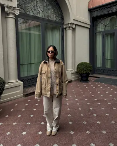 @aimeesong wears cream jeans, barn jacket and jumper