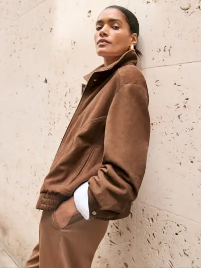 Suede Funnel-Neck Bomber Jacket in Tan