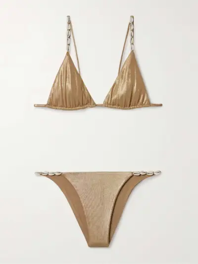Cowries Embellished Metallic Triangle Bikini