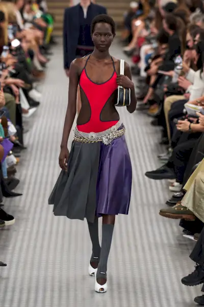 An image of Miu Miu's spring/summer 2025 runway, featuring one of the season's biggest bikini trends