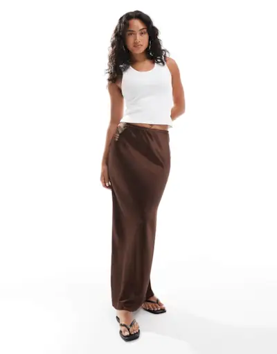 New Look Satin Bias Midi Skirt in Dark Brown