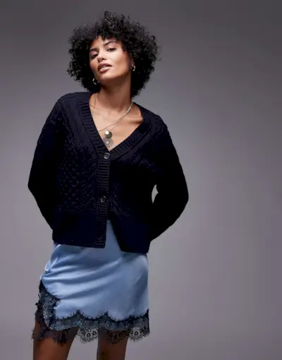 Topshop Satin Trim Mini Skirt in Pale Blue & Navy Lace