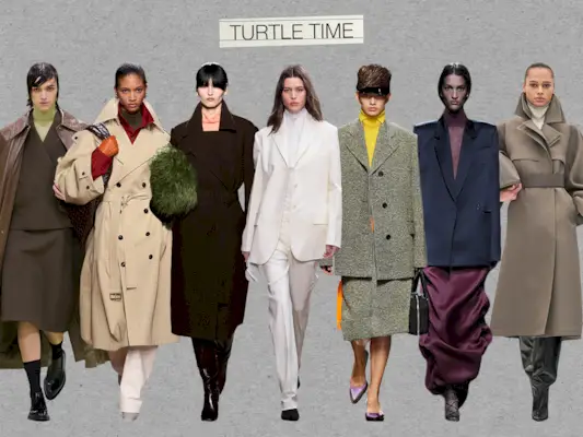 A collage of turtleneck looks from the F/W 24 runways, including images from Jil Sander, Bottega Veneta, Dries Van Noten, Prada, Khaite, and Alaïa