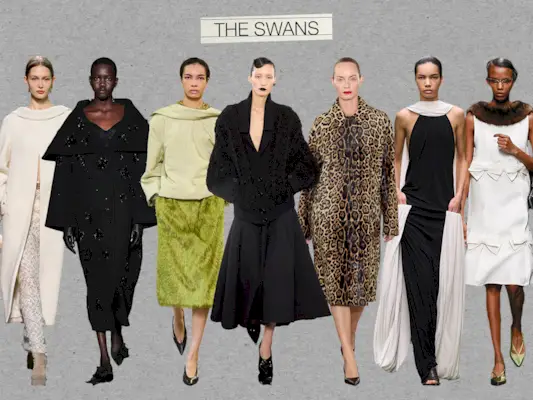 A collage of swan-inspired outfits from the F/W 24 runways, including images from Chanel, Erdem, Carven, Valentino, Michael Kors, Loewe, and Prada