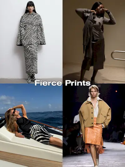 A collage of four animal-print skirt images with the words 'fierce prints on it.