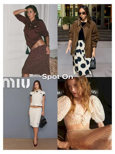 A collage of four polka dot skirt images with the words 'Spot On in the center.