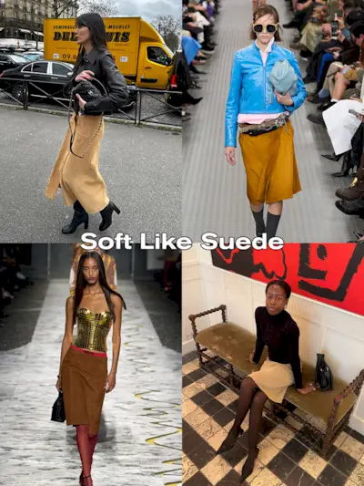 A collage of four suede-skirt images with the words 'Soft Like Suede on it.