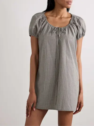 Tie-detailed gathered checked organic cotton-poplin mini dress