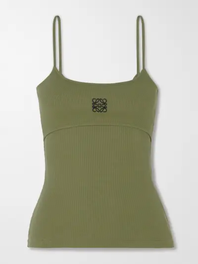 Anagram Embroidered Ribbed Stretch-Cotton Jersey Tank