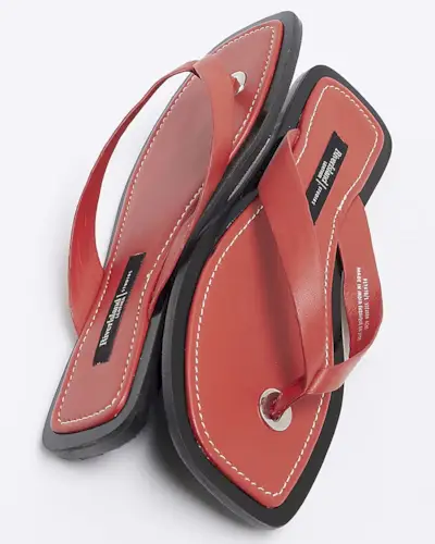 River Island, Red Leather Flip Flop Flat Sandals
