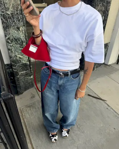 woman wearing cow print shoe outfit fall 2025