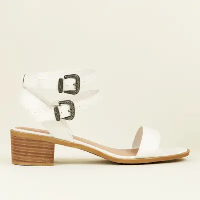 New Look + Wide Fit White Leather-Look Western Buckle Sandals