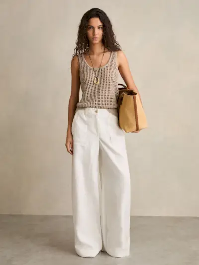 Linen-Cotton Wide-Leg Trousers in White