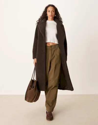 Threadbare Maxi Borg Coat in Chocolate Brown