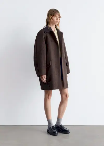 Oversized Leather-Collar Wool Coat