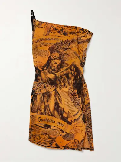 Off-The-Shoulder Ruched Printed Stretch-Mesh Mini Dress