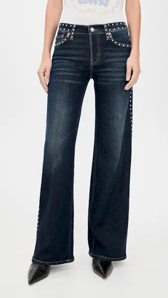 Re/done Studded Mid Rise Wide Leg Jeans