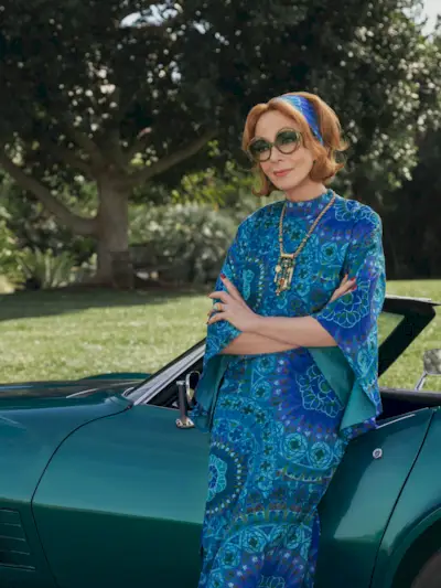 Allison Janney wears a '60s-inspired printed blue dress in Palm Royale's new season