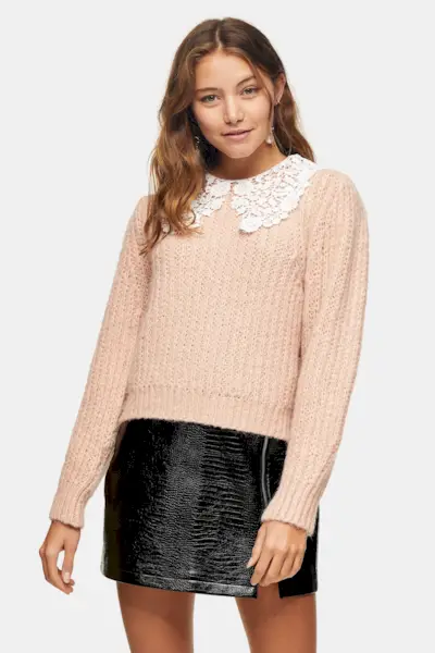 Topshop + Pink Crochet Collar Sweater