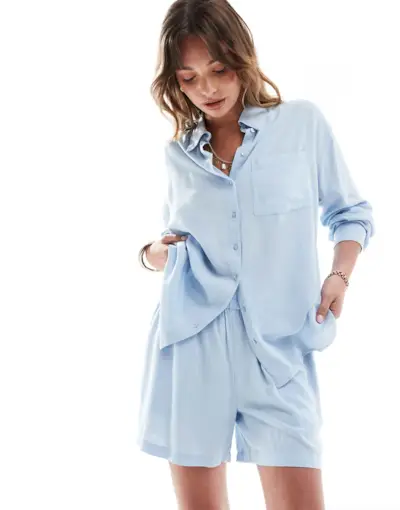 Pieces Linen Touch Shirt Co-Ord in Soft Blue