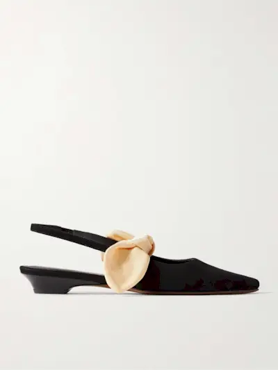 Uba Bow-Embellished Faille and Suede Slingback Flats
