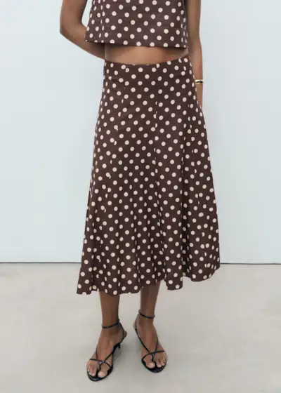 Mango, Flared Linen Skirt With Polka Dots