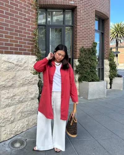 Influencer wearing affordable spring outfit.