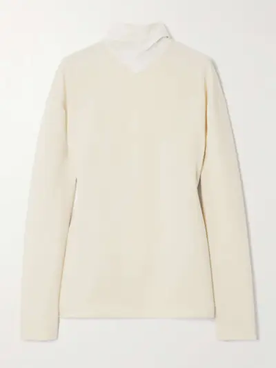 Fringed Scarf-Detailed Silk-Trimmed Wool-Blend Blouse