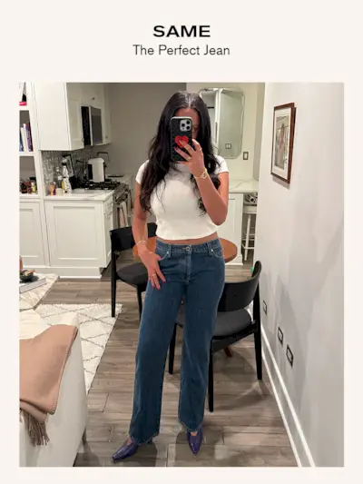 Sierra Mayhew, fashion editor, reviewing jeans.