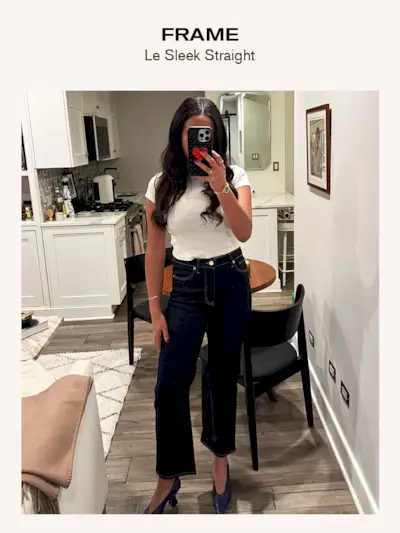 Sierra Mayhew, fashion editor, reviewing jeans.