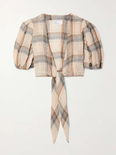 + Net Sustain Pouf Cropped Tie-Front Checked Linen-Blend Gauze Top