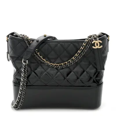 Chanel Patent Goatskin Quilted Medium Gabrielle Hobo Black
