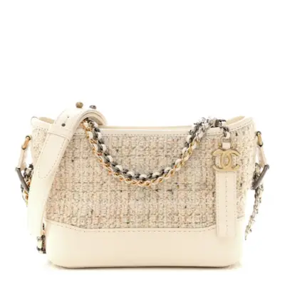 Chanel Tweed Calfskin Quilted Small Gabrielle Hobo White
