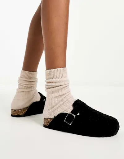 Glamorous Teddy Mules in Black