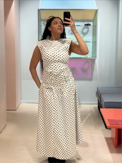 Influencer India cardona in a Monsoon cream and black polka dot set.