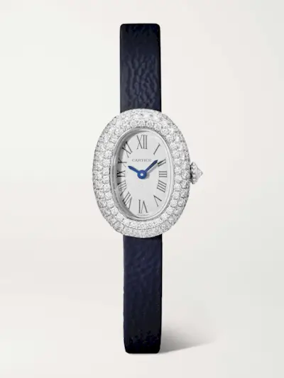 Baignoire 18.7mm Mini Rhodium-Plated White Gold, Diamond and Patent-Leather Watch
