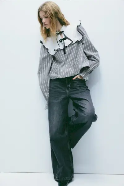 H&M + Tie-Detail Frill-Trimmed Blouse